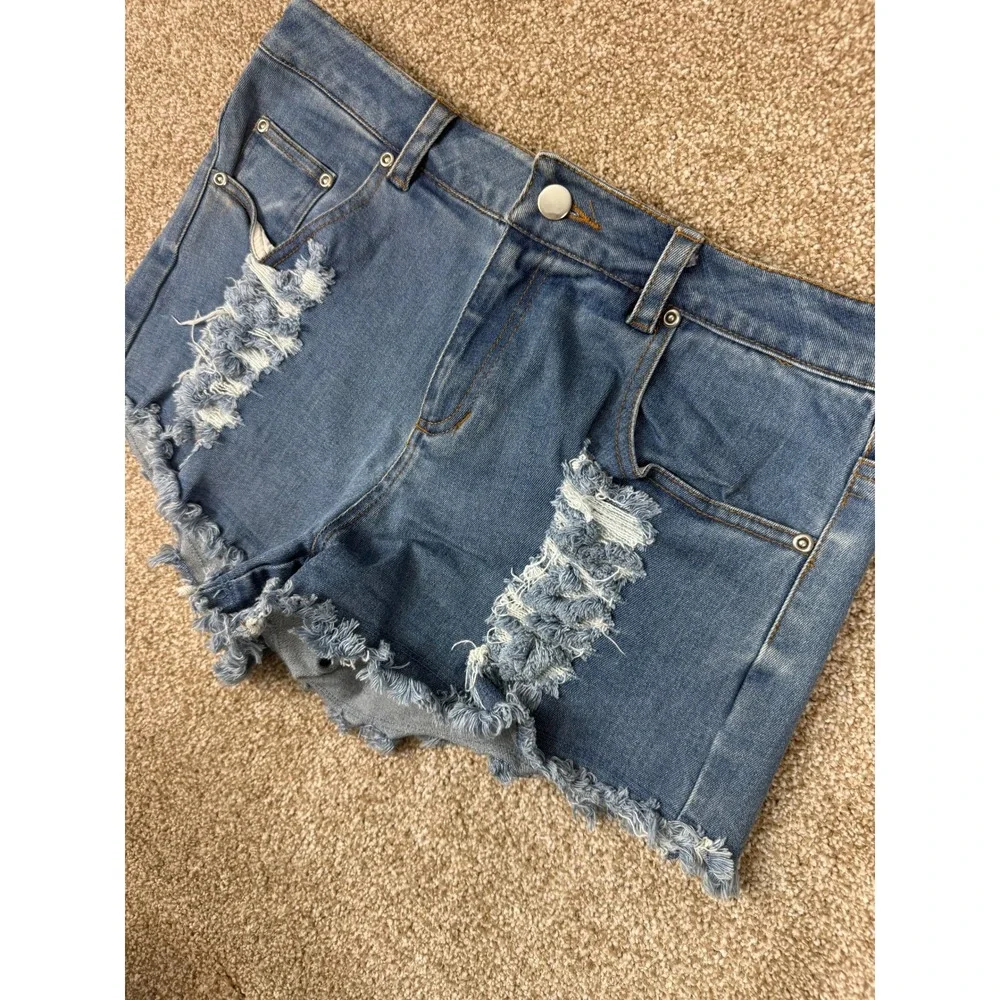 Sugar + Lip2 Womens Distressed‎ Denim Shorts Medium Wash Blue Frayed Hem Size M